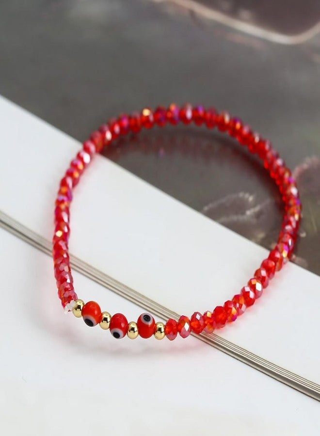 DATOA Evil Eye Rhinestone Crystal Bead Bracelet Handmade Beaded Stretch Bracelet Beach Jewelry-Red - Image 2